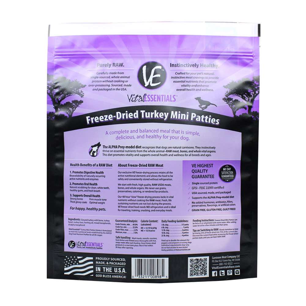 Vital Essential Turkey Mini Patties Freeze-Dried Dog Food 1lb